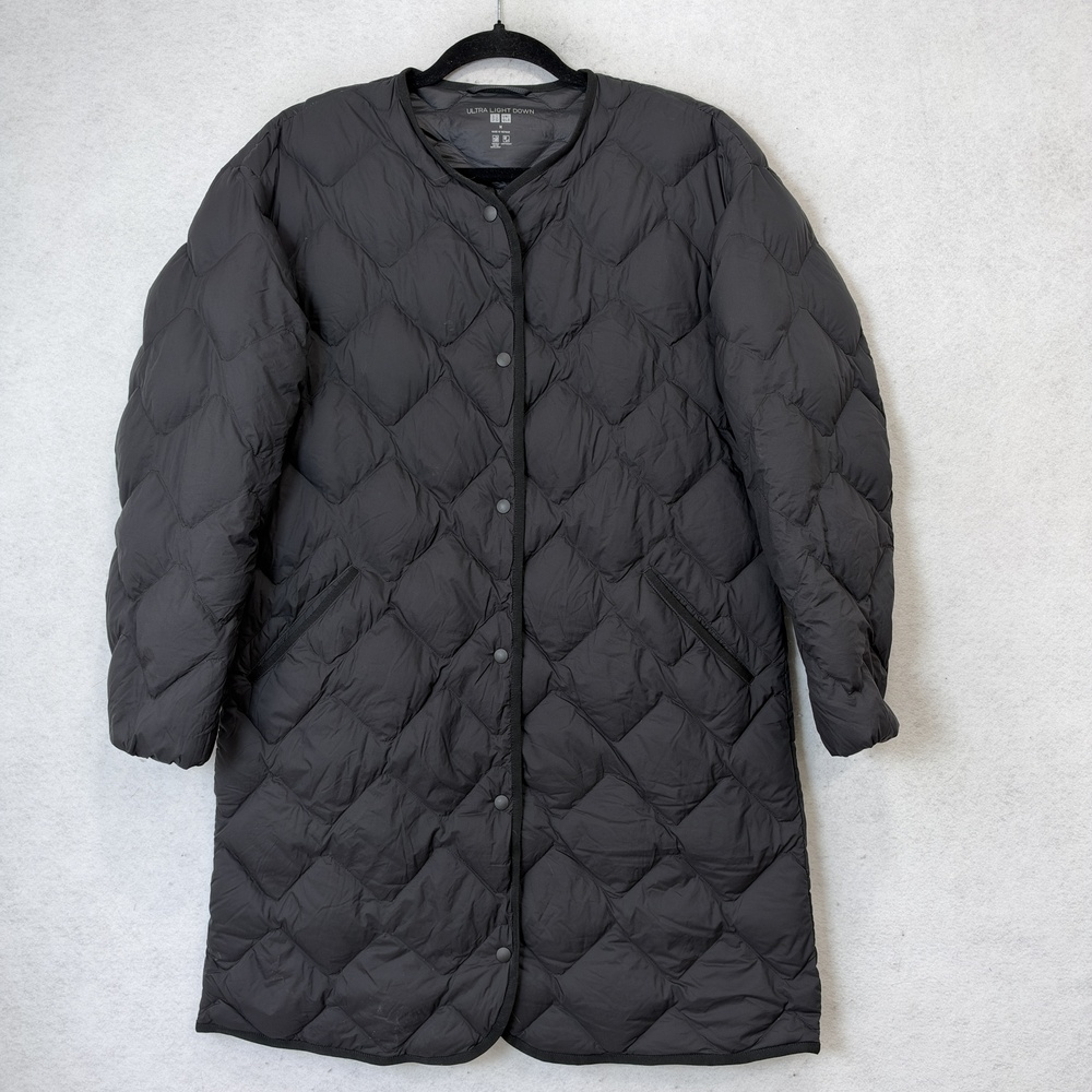 UNIQLO Ultra Light Down Coat Womens Medium Black Quilted Snap Long Lightweight